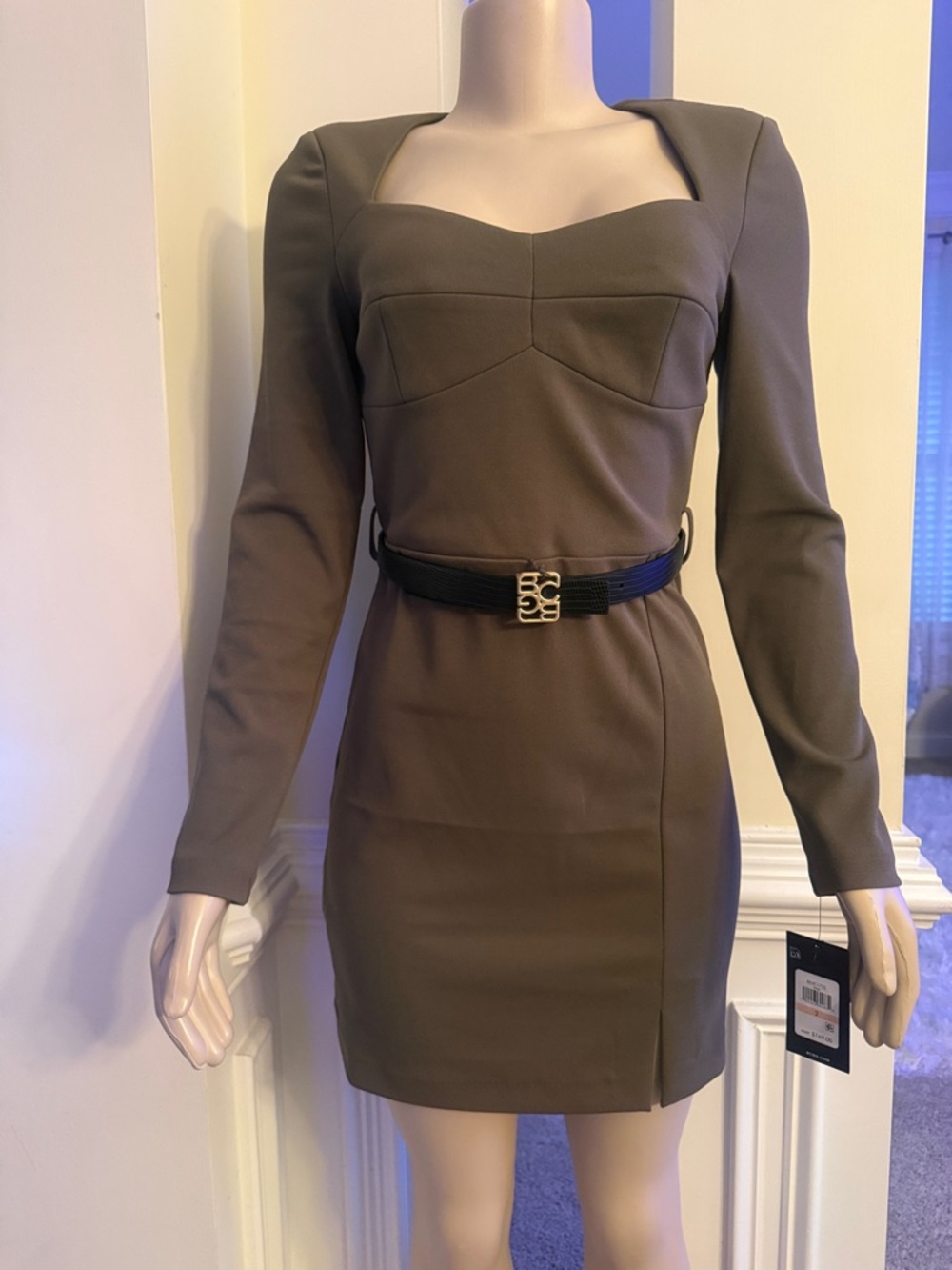 BCBG Olive Long-Sleeve Sweetheart Neck Mini Dress with Black Belt